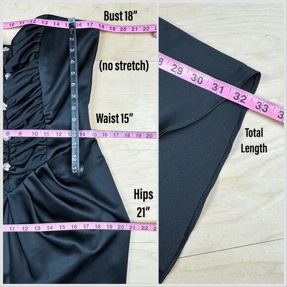 Vintage 1980s Black Satin Strapless Sweetheart Ruched Cocktail Dress - Picture 6 of 7